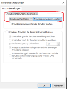 Erweiterte Einstellungen - Authentifizierungsmodus angeben