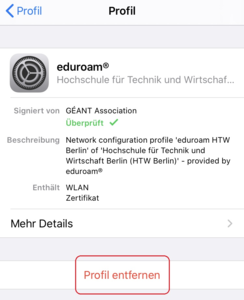 iOS Einstellungen Eduroam Profil löschen