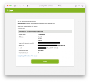 Confirmation dialog for data to be transferred from HTW web login - Screenshot © HTW Berlin