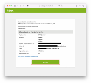 Confirmation dialog for data to be transferred from HTW web login - Screenshot © HTW Berlin