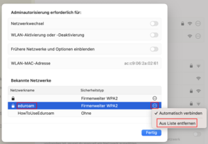 Fenster mit bekannten Wlans - Screenshot © HTW Berlin