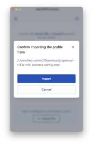 Confirmation dialog for importing profiles into OpenVPN
