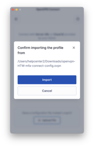 Confirmation dialog for importing profiles into OpenVPN
