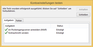 Kontoeinstellungen Testen Dialog