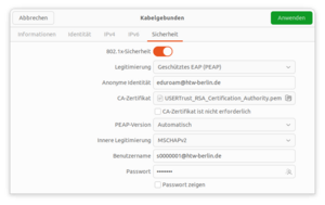 802.1X-Konfiguration - Screenshot © HTW Berlin