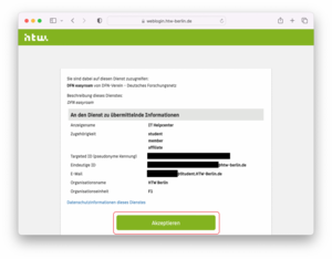 Bestätigungsdiablog der zu Übertragenen Daten vom HTW-Weblogin - Screenshot © HTW Berlin