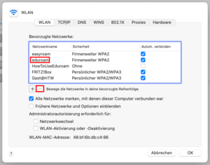 Fenster mit bekannten Wlans - Screenshot © HTW Berlin