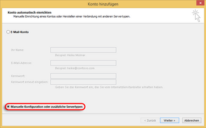 Kontoeinrichten Fenster