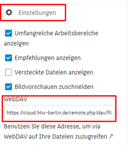 HTW-Cloud Seite mit Webdavlink