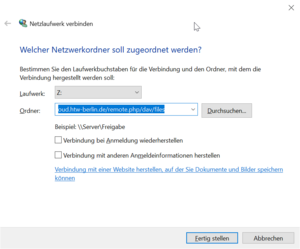 Netzlaufwerkverbindenfenster mit Webdavlink